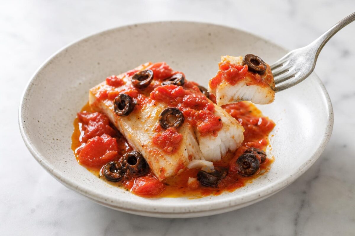 Servierszene mit dem fertigen Gericht. Rezept: Kabeljau mit Tomaten-Oliven-Sauce