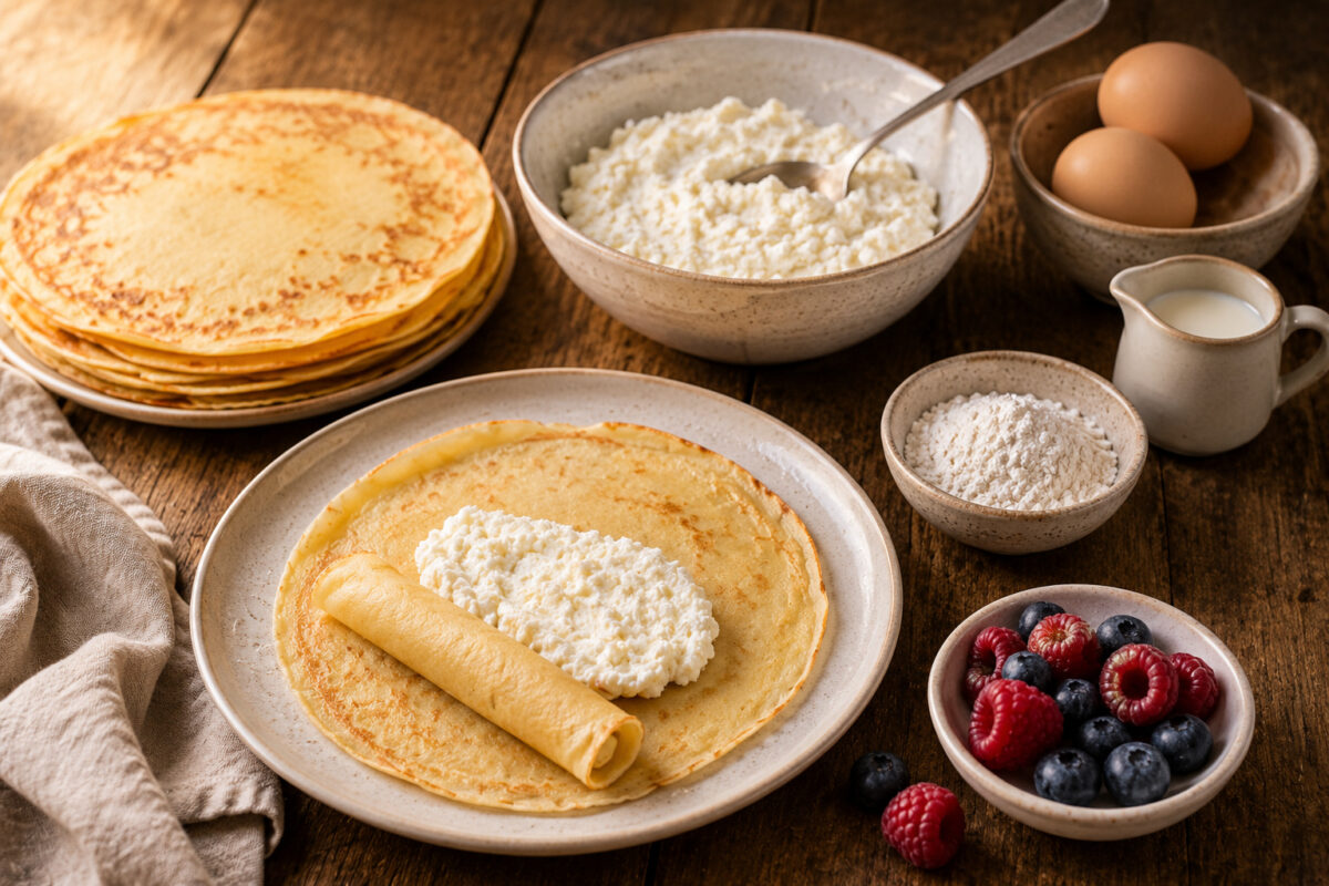Zutaten- und Vorbereitungsansicht mit dünnen Pfannkuchen, cremiger Käsefüllung, Eiern, Milch, Mehl und Beeren.