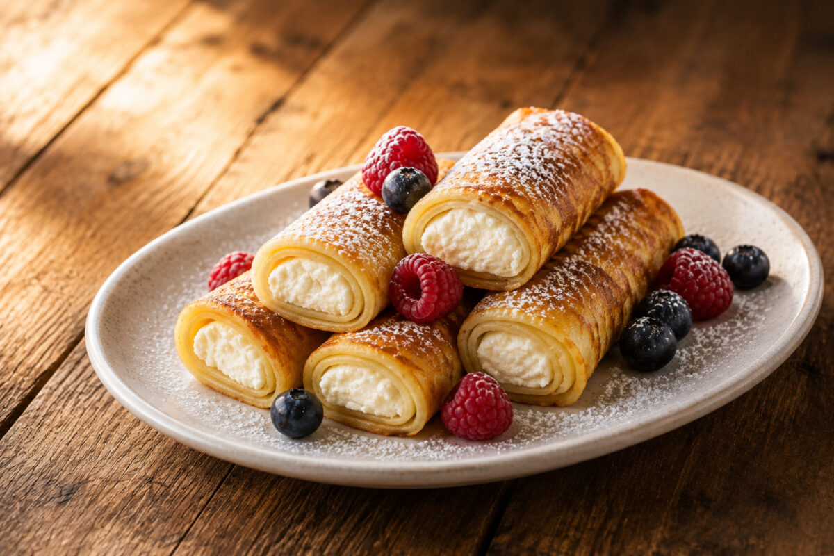 Fertige Käse-Blintzes aus alternativer Perspektive, gestapelt mit sichtbarer cremiger Füllung, Puderzucker und Beeren.
