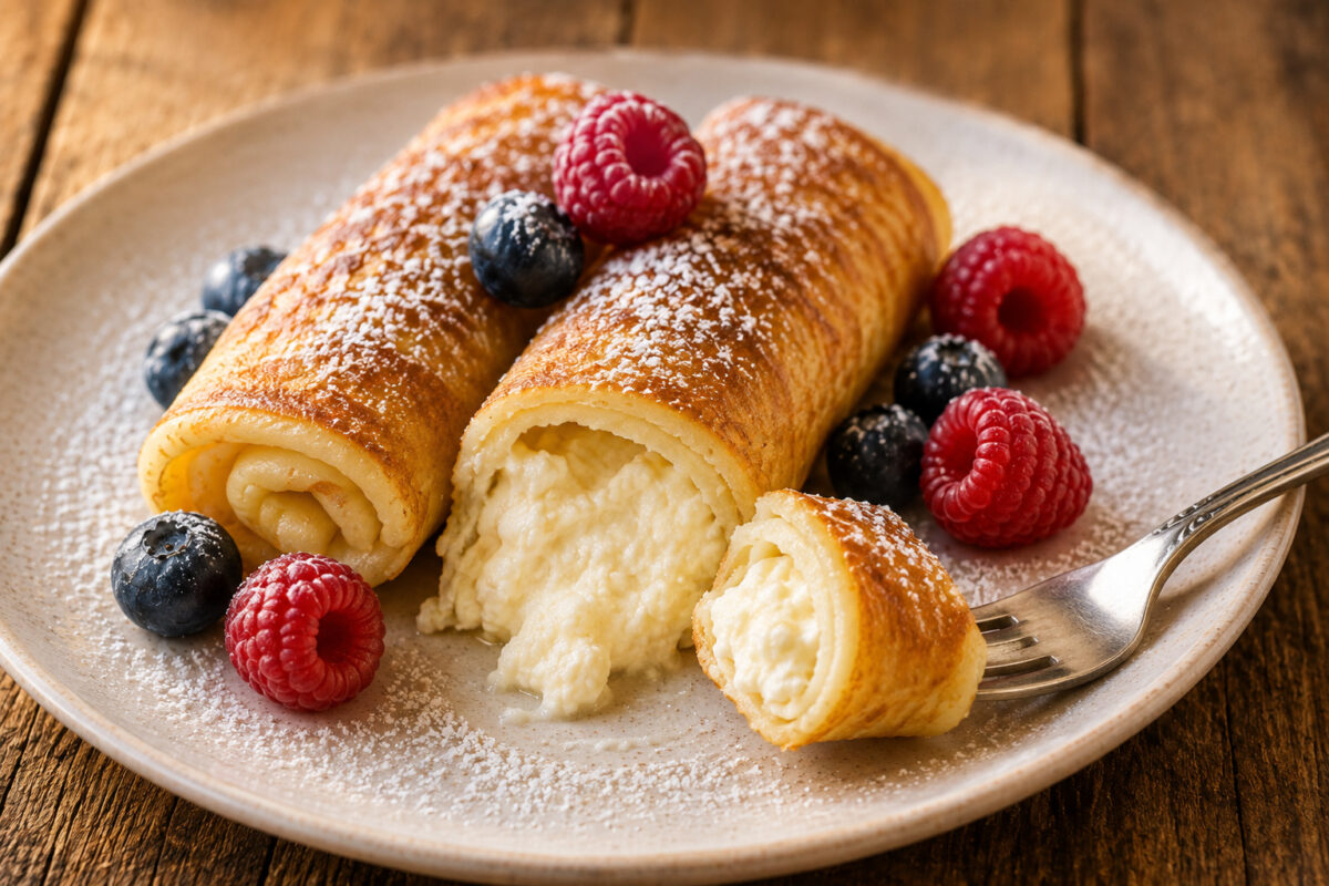 Servier- und Detailansicht fertiger Käse-Blintzes mit angeschnittenem Röllchen, sichtbarer Käsefüllung, Beeren und Dessertgabel.