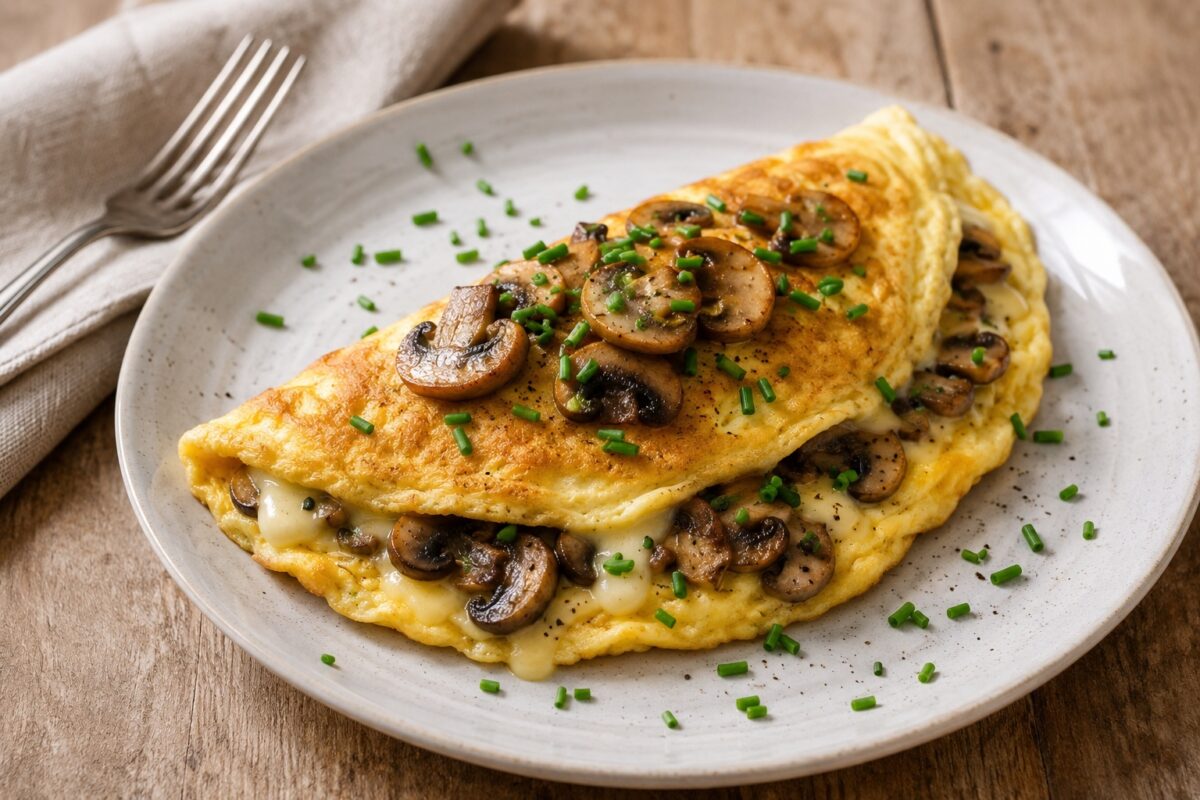Klar erkennbares gefaltetes Käse-Omelett mit gebratenen Champignons und Schnittlauch auf einem Teller.