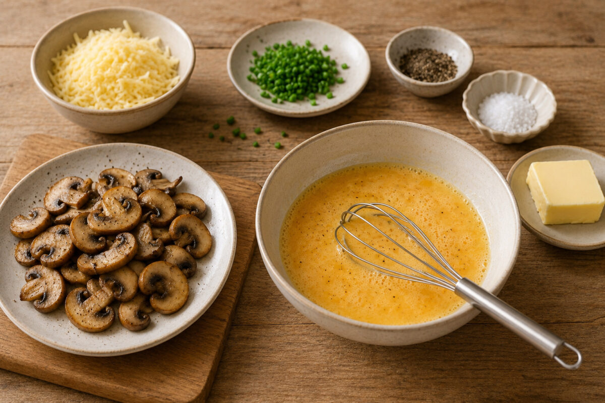 Zutaten- und Vorbereitungsansicht mit verquirlten Eiern, Champignons, geriebenem Käse, Schnittlauch, Butter, Salz und Pfeffer.