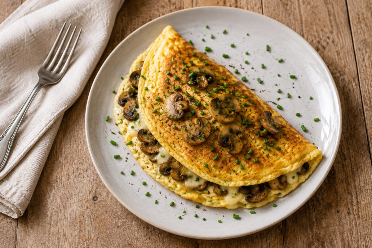 Fertiges gefaltetes Käse-Omelett mit Champignons und Schnittlauch aus deutlich veränderter Perspektive.