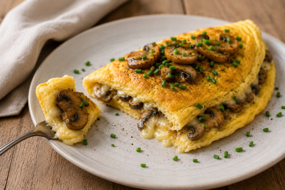 Servier- und Detailansicht des fertigen Omeletts mit sichtbarer Käse-Champignon-Füllung und Schnittlauch.