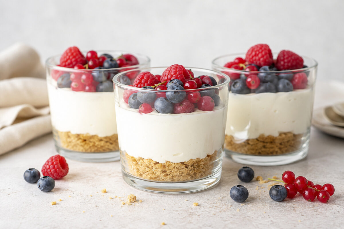 Fertiger Käsekuchen im Glas mit goldenem Keksboden, heller Käsekuchencreme und frischen gemischten Beeren; Hauptansicht der Serie.