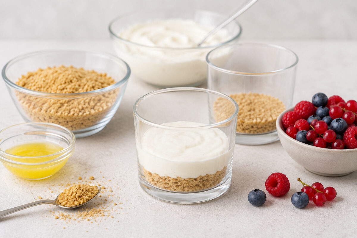 Zutaten- und Vorbereitungsansicht mit Keksbröseln, geschmolzener Butter, Käsekuchencreme, gemischten Beeren und teilweise befüllten Dessertgläsern.