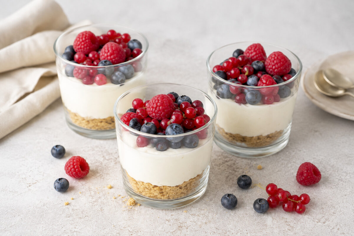 Fertiger Käsekuchen im Glas mit Beeren aus deutlich höherer, alternativer Perspektive; Schichten und Beerentopping klar erkennbar.