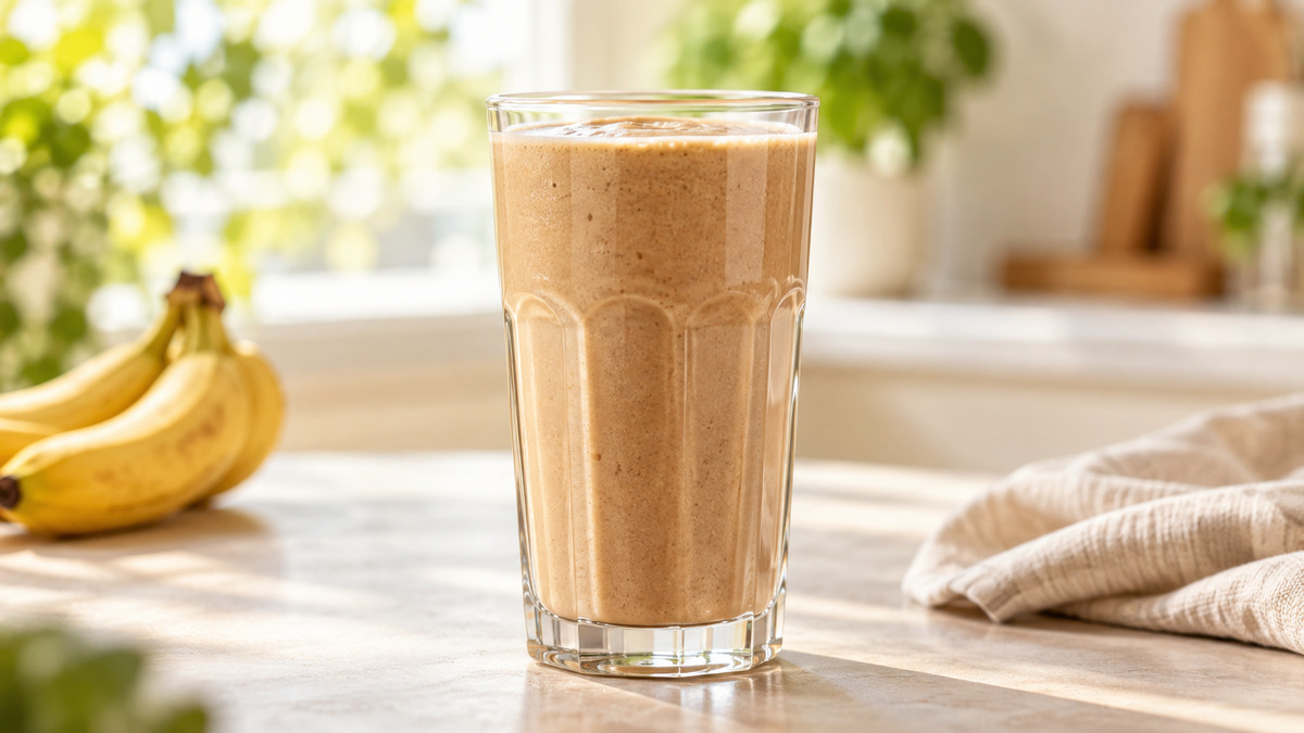 Kaffee-Bananen-Smoothie mit Haferdrink: Fertiges Getränk als zentrales Hauptmotiv.