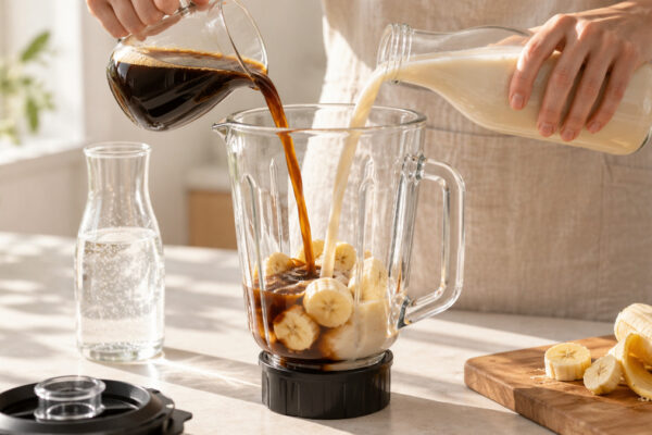 Kaffee-Bananen-Smoothie mit Haferdrink: Verwendete Zutaten und nachvollziehbare Vorbereitung.