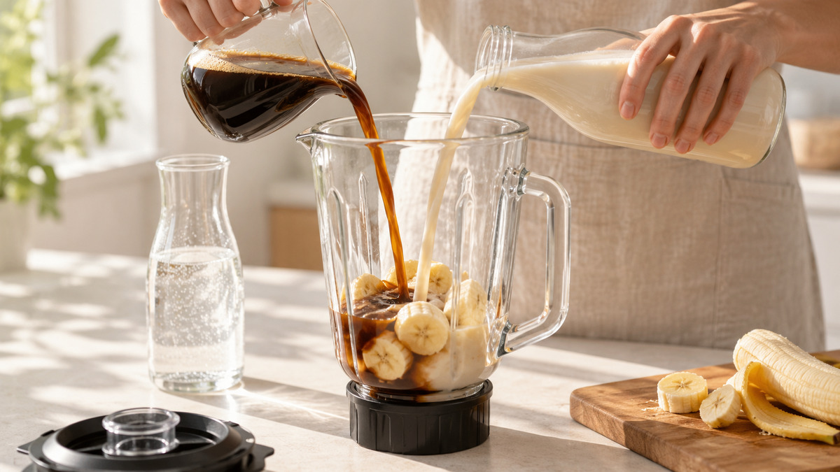 Kaffee-Bananen-Smoothie mit Haferdrink: Verwendete Zutaten und nachvollziehbare Vorbereitung.
