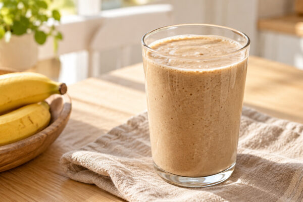 Kaffee-Bananen-Smoothie mit Haferdrink: Fertiges Getränk aus einer alternativen Perspektive.