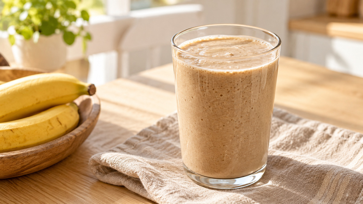 Kaffee-Bananen-Smoothie mit Haferdrink: Fertiges Getränk aus einer alternativen Perspektive.