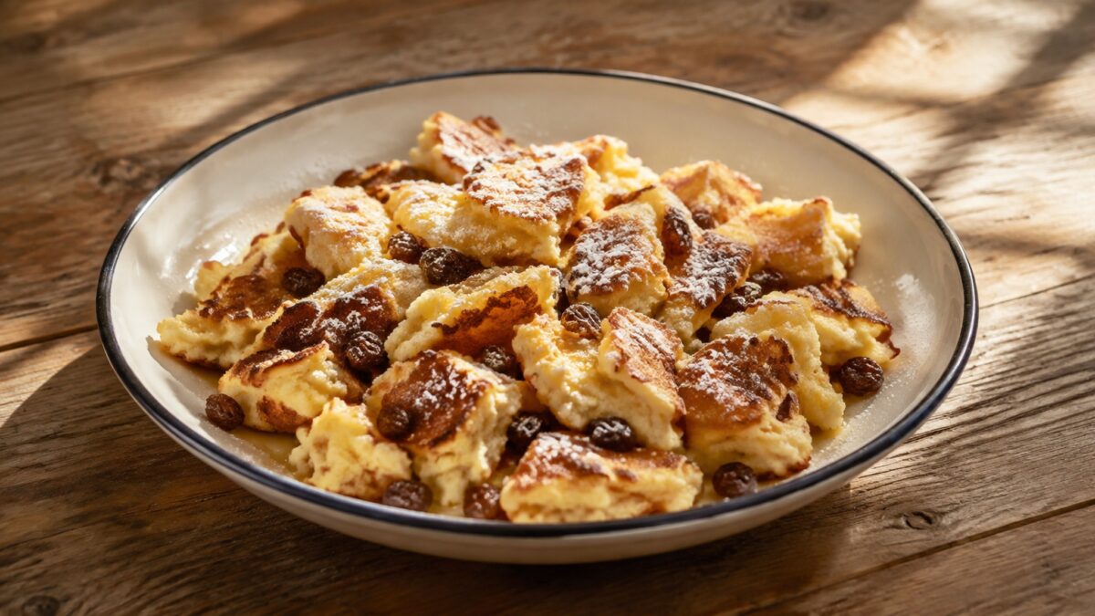 Hauptansicht des fertigen Gerichts. Rezept: Kaiserschmarrn mit laktosefreier Milch
