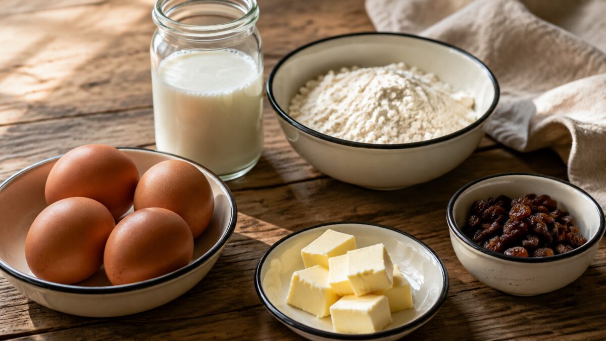 Zutaten- und Vorbereitungsansicht. Rezept: Kaiserschmarrn mit laktosefreier Milch
