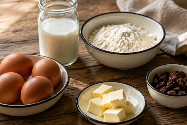 Zutaten- und Vorbereitungsansicht. Rezept: Kaiserschmarrn mit laktosefreier Milch