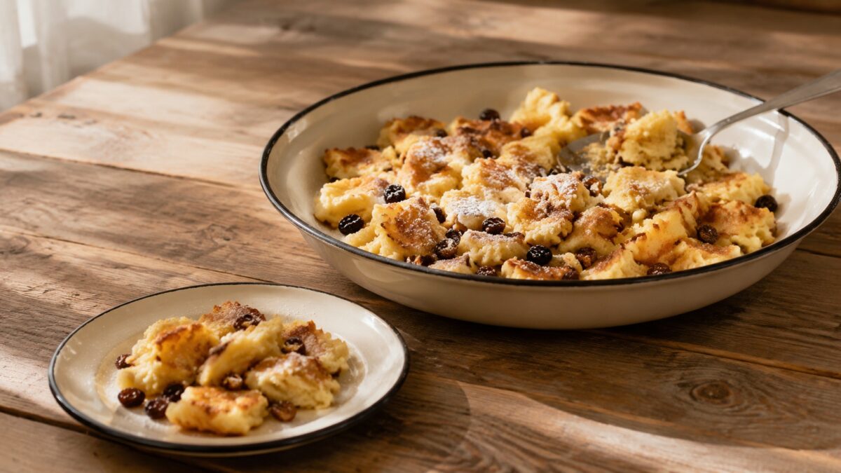 Servierszene mit dem fertigen Gericht. Rezept: Kaiserschmarrn mit laktosefreier Milch