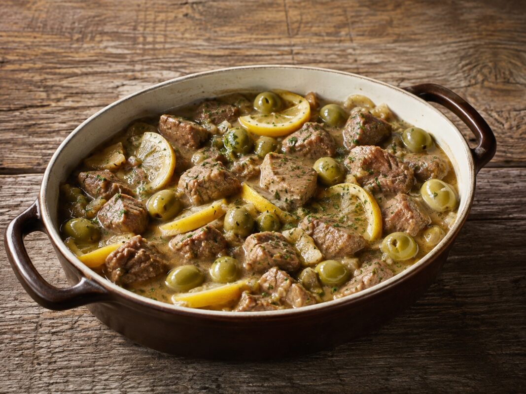 Ovaler Bräter mit Kalbsragout in heller Sauce, grünen Oliven und Zitronenscheiben.