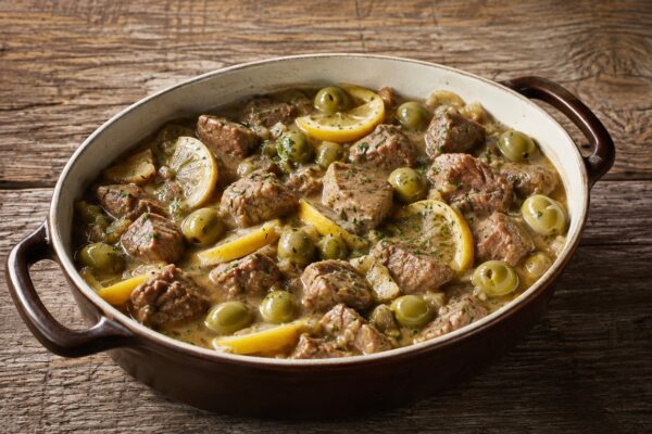 Ovaler Bräter mit Kalbsragout in heller Sauce, grünen Oliven und Zitronenscheiben.