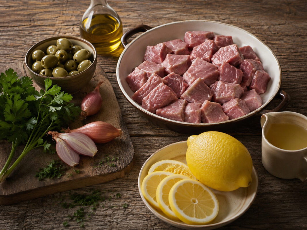 Zutaten- und Vorbereitungsansicht mit Kalbfleischwürfeln, grünen Oliven, Bio-Zitrone, Schalotten, Petersilie, Olivenöl und Brühe auf rustikalem Holz.