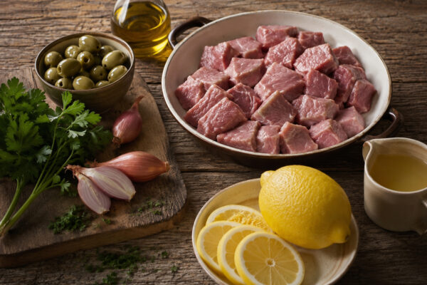 Zutaten- und Vorbereitungsansicht mit Kalbfleischwürfeln, grünen Oliven, Bio-Zitrone, Schalotten, Petersilie, Olivenöl und Brühe auf rustikalem Holz.