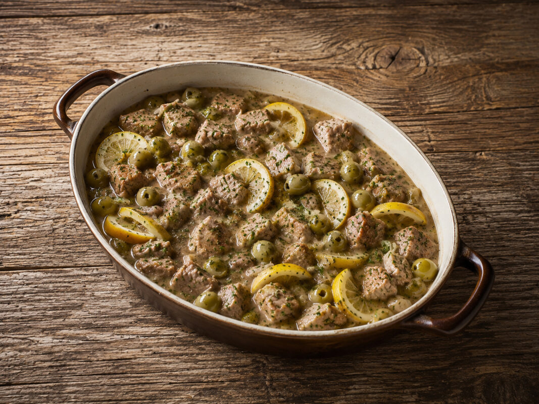 Draufsicht auf das fertige Kalbsragout in demselben ovalen Bräter mit heller Sauce, grünen Oliven, Zitronenscheiben und Petersilie.
