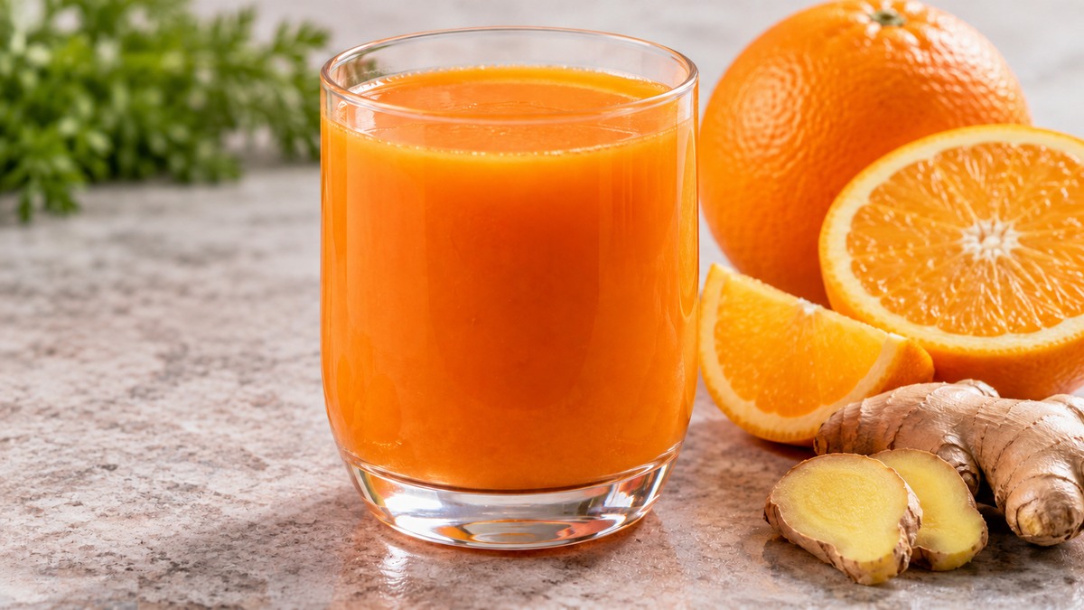 Karotten-Orangen-Drink: Fertiges Getränk als zentrales Hauptmotiv.