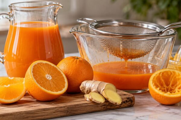 Karotten-Orangen-Drink: Verwendete Zutaten und nachvollziehbare Vorbereitung.