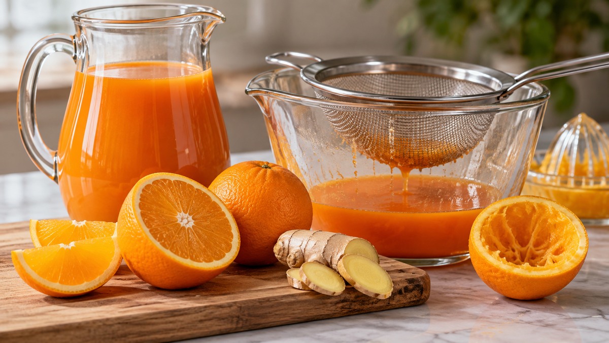 Karotten-Orangen-Drink: Verwendete Zutaten und nachvollziehbare Vorbereitung.