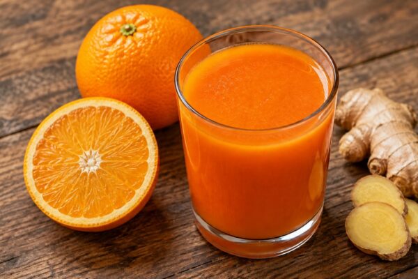 Karotten-Orangen-Drink: Fertiges Getränk aus einer alternativen Perspektive.