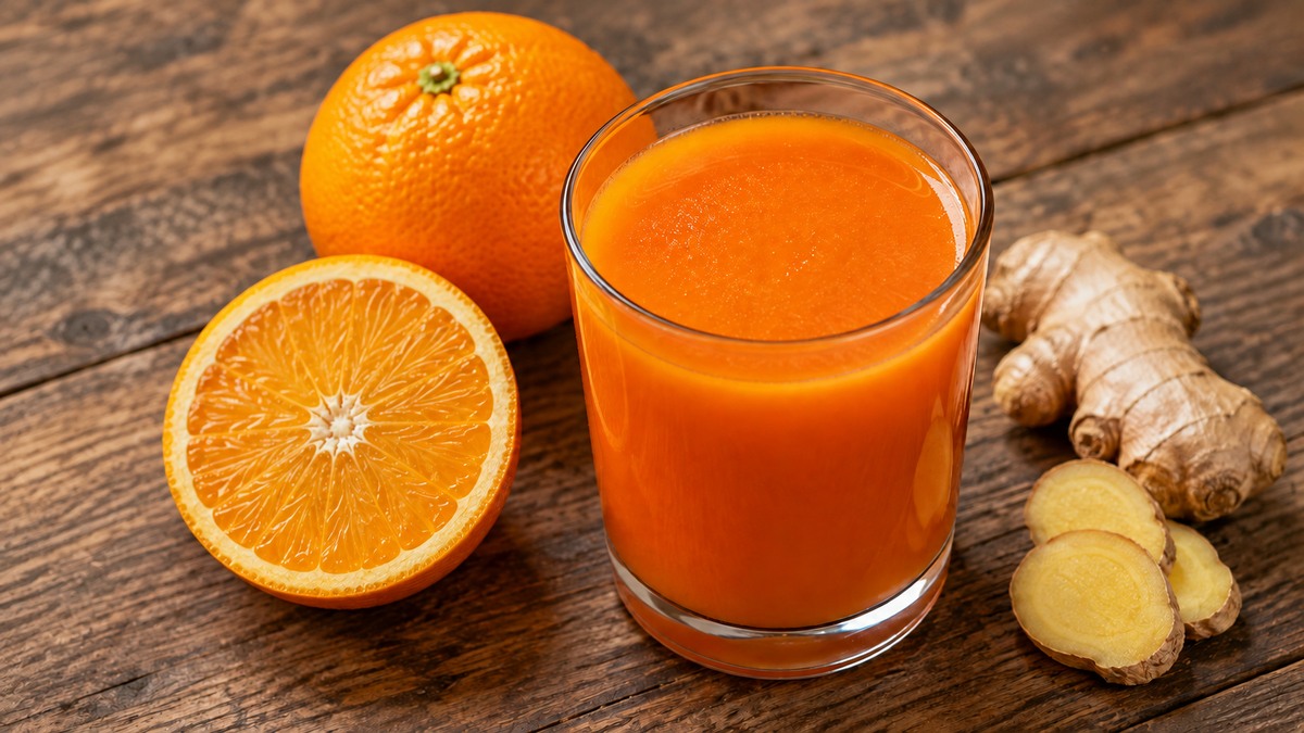 Karotten-Orangen-Drink: Fertiges Getränk aus einer alternativen Perspektive.