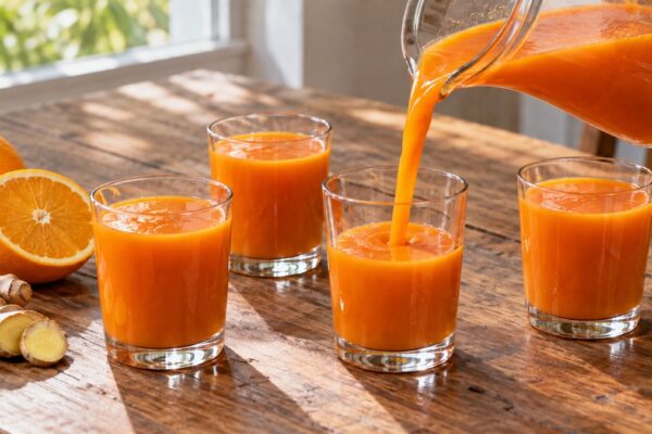 Karotten-Orangen-Drink: Alternative Anrichtung oder aktive Servierszene.