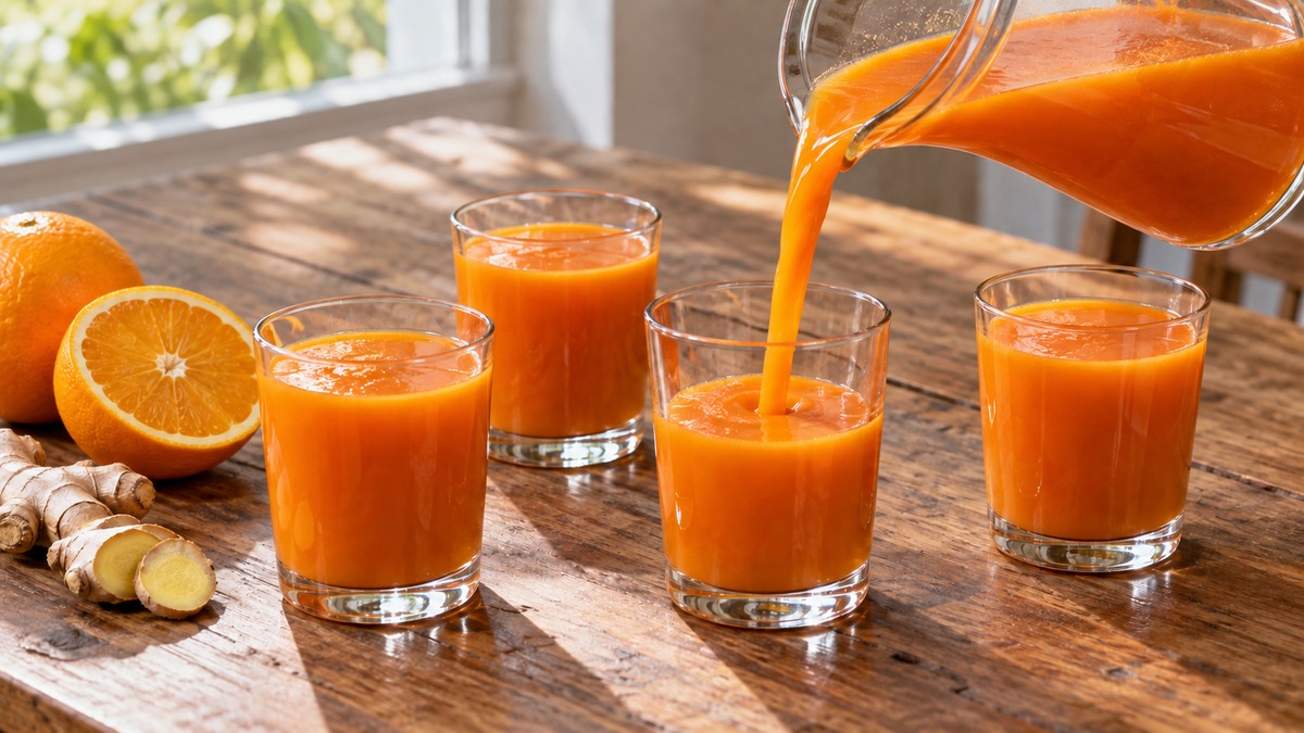 Karotten-Orangen-Drink: Alternative Anrichtung oder aktive Servierszene.