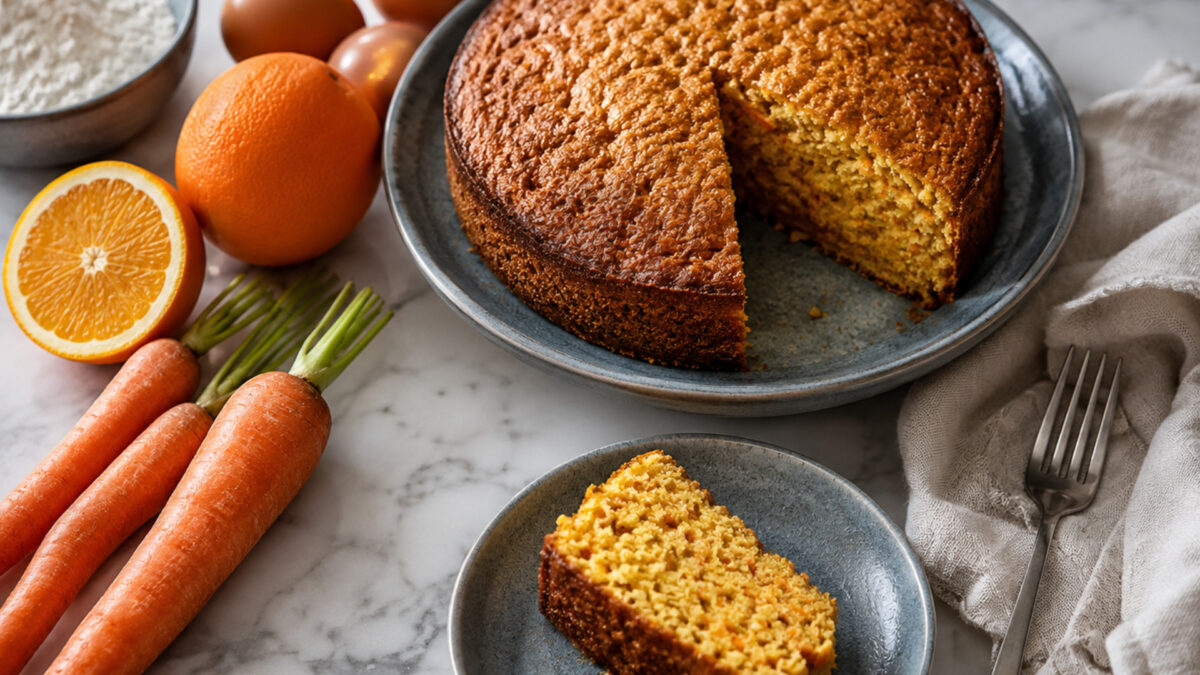 Hauptansicht des fertigen Gerichts. Rezept: Karotten-Orangen-Kuchen