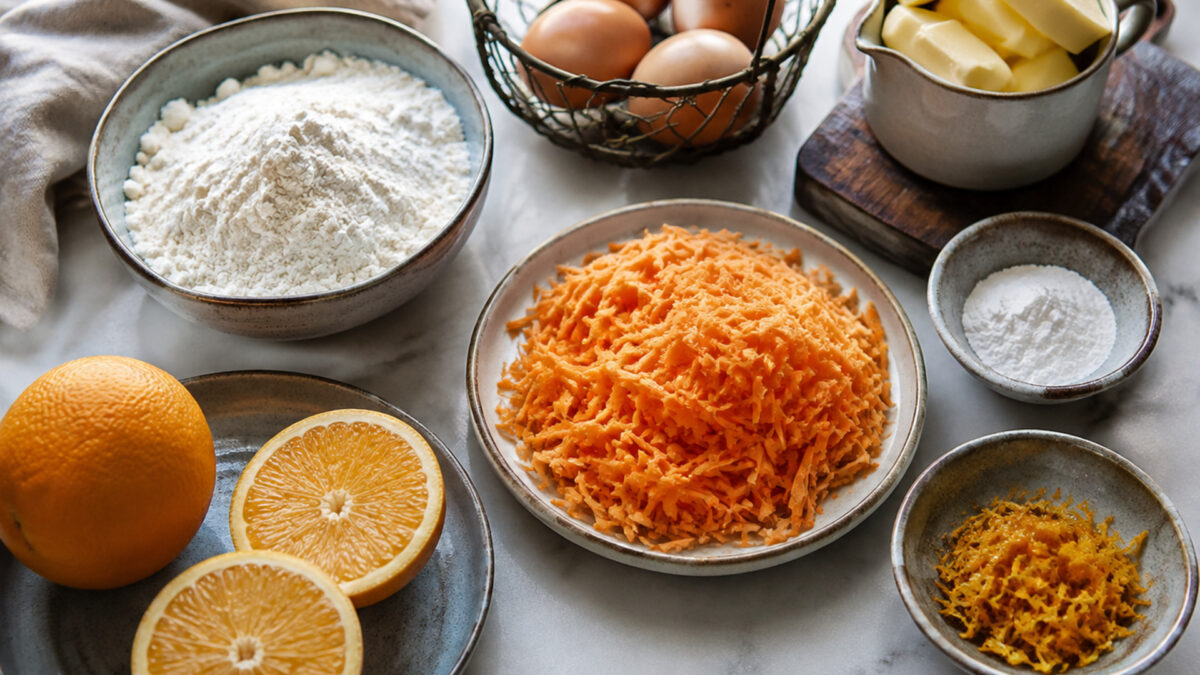 Zutaten- und Vorbereitungsansicht. Rezept: Karotten-Orangen-Kuchen