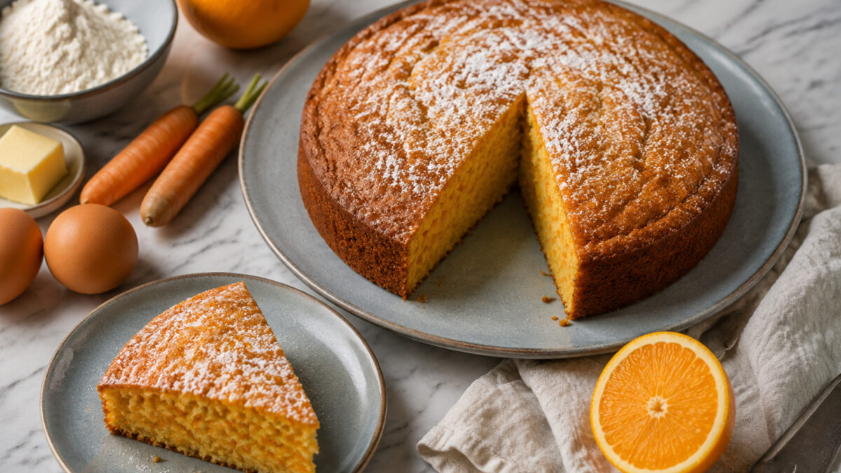 Servierszene mit dem fertigen Gericht. Rezept: Karotten-Orangen-Kuchen