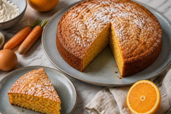 Servierszene mit dem fertigen Gericht. Rezept: Karotten-Orangen-Kuchen