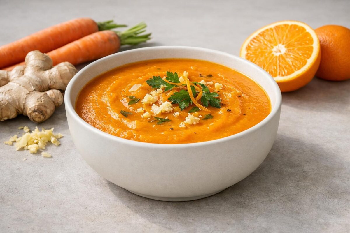 Hauptansicht des fertigen Gerichts. Rezept: Karotten-Orangen-Suppe mit Ingwer