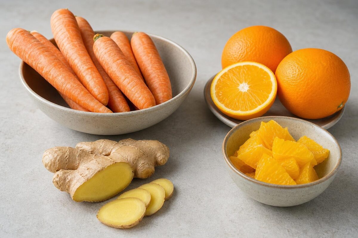 Zutaten- und Vorbereitungsansicht. Rezept: Karotten-Orangen-Suppe mit Ingwer