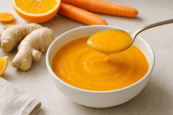Servierszene mit dem fertigen Gericht. Rezept: Karotten-Orangen-Suppe mit Ingwer