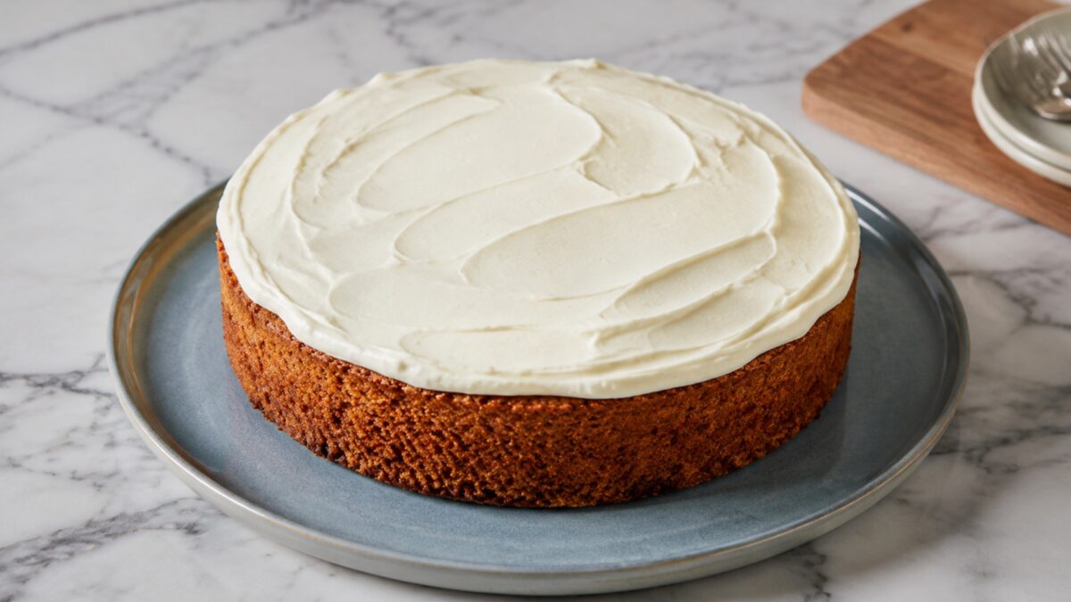 Hauptansicht des fertigen Gerichts. Rezept: Karottenkuchen mit laktosefreiem Frischkäse-Frosting