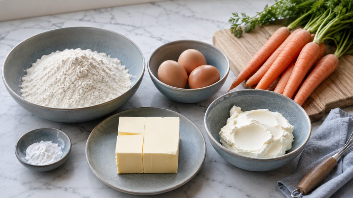 Zutaten- und Vorbereitungsansicht. Rezept: Karottenkuchen mit laktosefreiem Frischkäse-Frosting