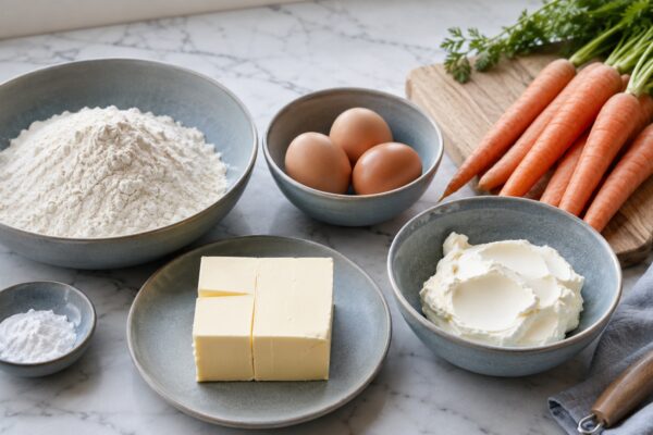 Zutaten- und Vorbereitungsansicht. Rezept: Karottenkuchen mit laktosefreiem Frischkäse-Frosting