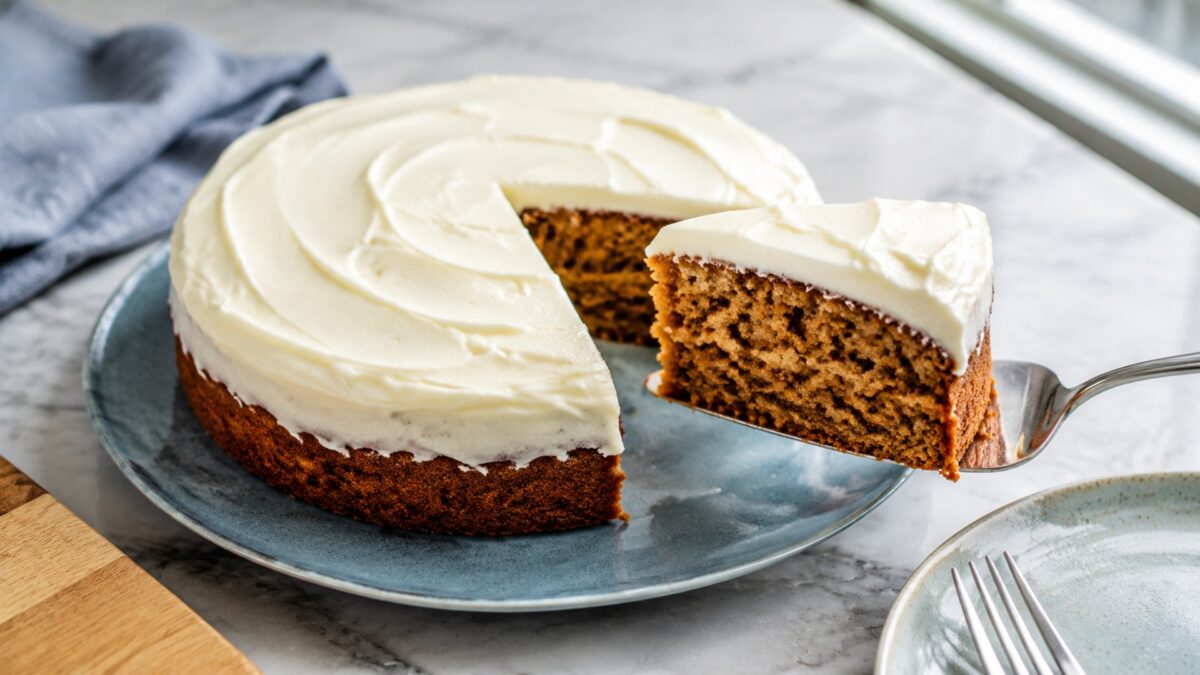 Servierszene mit dem fertigen Gericht. Rezept: Karottenkuchen mit laktosefreiem Frischkäse-Frosting