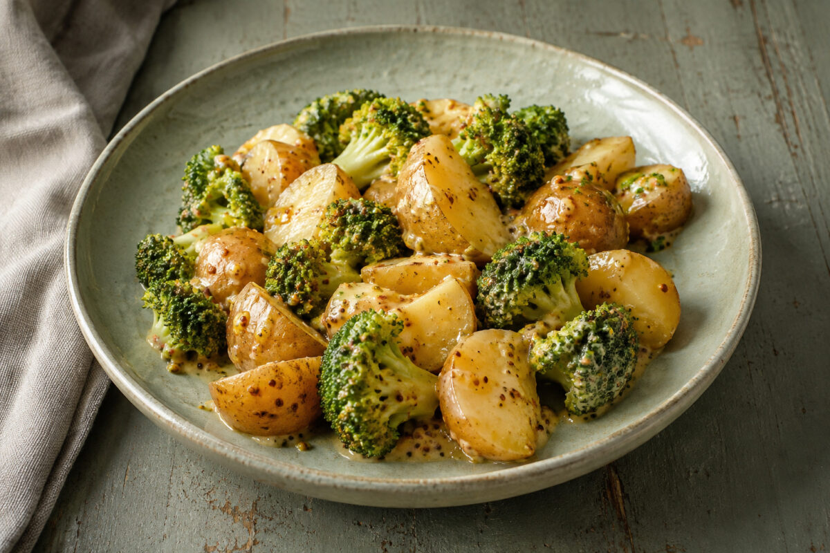 Hauptansicht des fertigen Gerichts. Rezept: Kartoffel-Brokkoli-Pfanne mit Senf-Dressing
