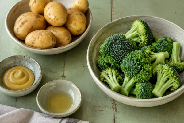 Zutaten- und Vorbereitungsansicht. Rezept: Kartoffel-Brokkoli-Pfanne mit Senf-Dressing
