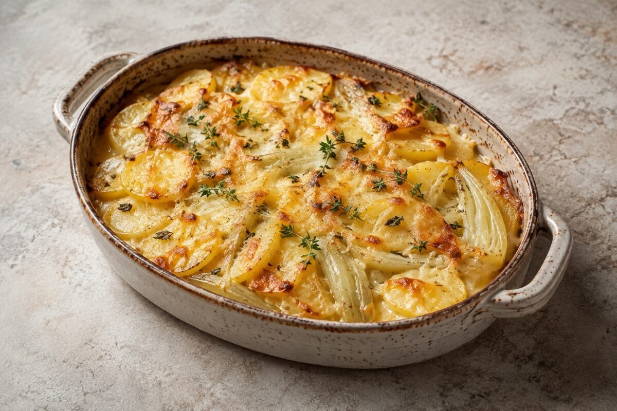 Ovales Ofengefäß mit goldbraunem Kartoffel-Fenchel-Gratin, sichtbaren Fenchelstreifen und gebräunter Käsekruste.
