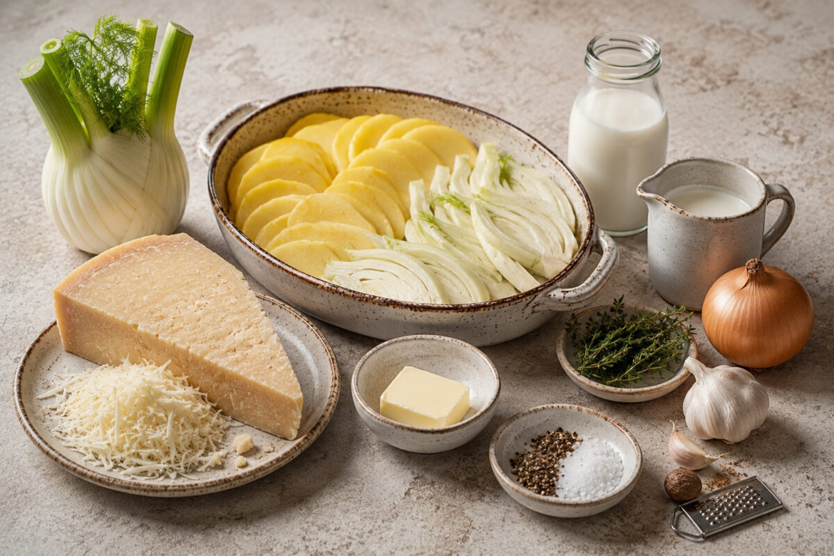 Zutaten- oder Vorbereitungsansicht mit Kartoffeln, Fenchel, Bergkäse, Sahne, Milch, Zwiebel, Knoblauch, Butter, Thymian, Salz, schwarzem Pfeffer und Muskat.