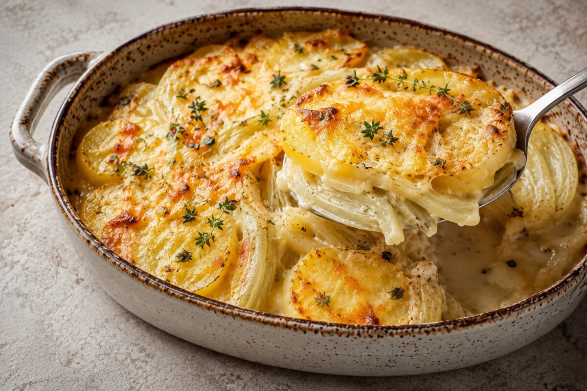 Servierszene des Kartoffel-Fenchel-Gratins mit entnommener Portion auf einem Löffel aus der ovalen hellen Auflaufform.