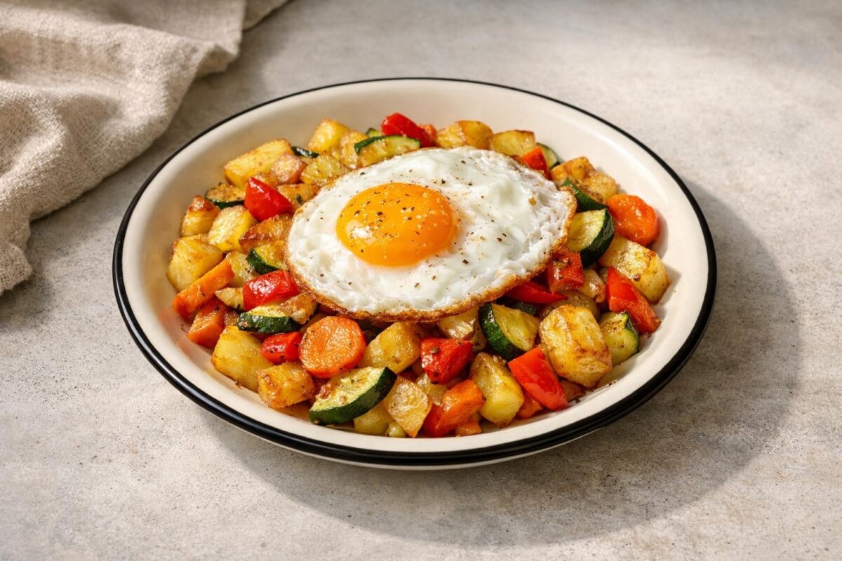 Hauptansicht des fertigen Gerichts. Rezept: Kartoffel-Gemüse-Pfanne mit Spiegelei