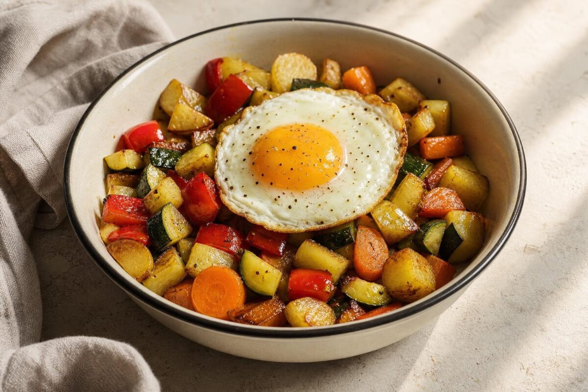 Fertiges Gericht aus einer alternativen Perspektive. Rezept: Kartoffel-Gemüse-Pfanne mit Spiegelei